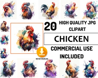 Farm Animals Clipart 20 JPG Chicken Bundle, Full Commercial Use, Cute Farm Clipart, Watercolor, Nursery Decor, Baby Shower, Farm Birthday
