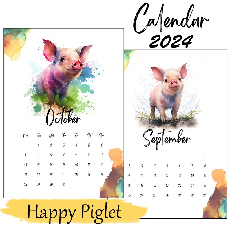 2024 Illustrated Watercolor Happy Piglet Calendar Printable A4 & Letter
