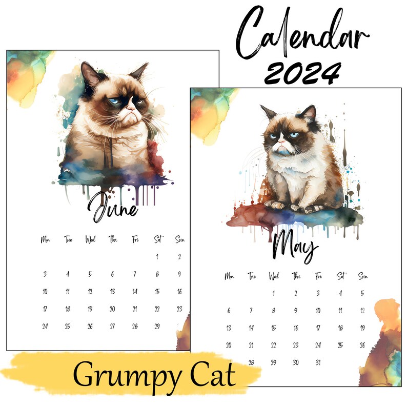 2024 Illustrated Watercolor Grumpy Cat Calendar Printable A4 Etsy UK