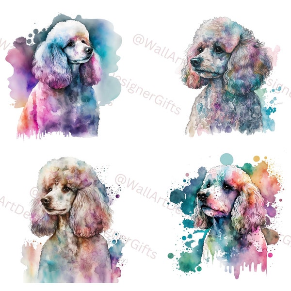 Caniche Dog Aquarelle Art Print Clipart, 4 Chiens Nursery Decor PNG de haute qualité, Téléchargement numérique imprimable, Cartes de vœux personnalisées pour chiens