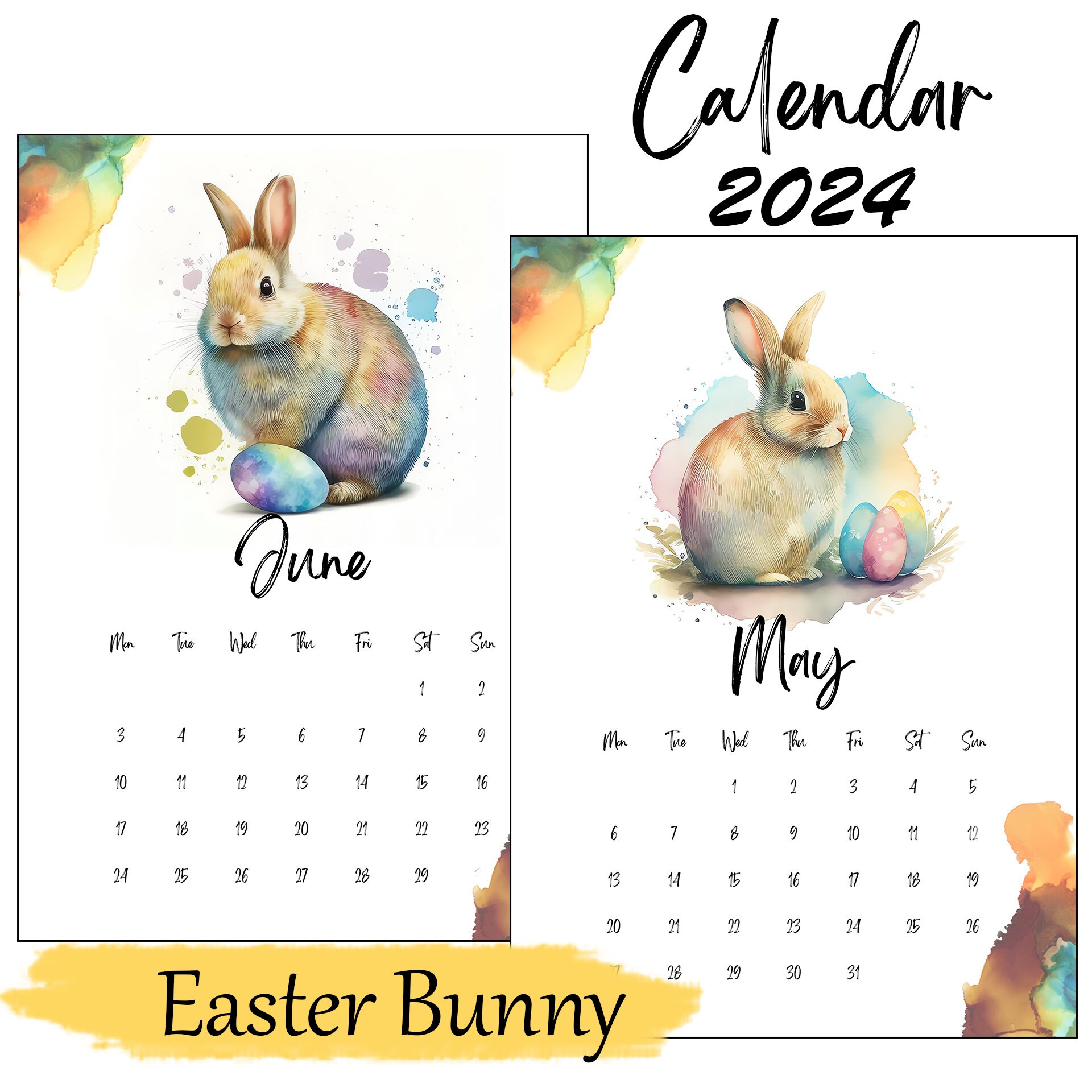 2024 Illustrated Watercolor Easter Bunny Calendar Printable A4 & Letter