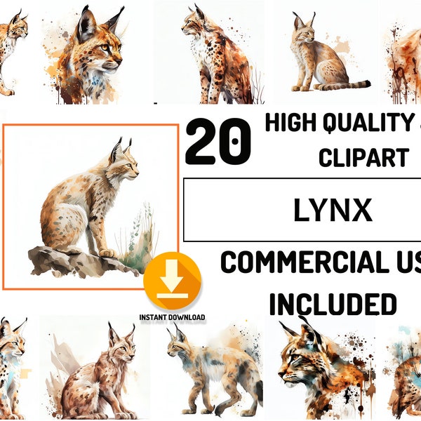 Lynx Clipart 20 High Quality Woodland Animals JPG Bundle, Full Commercial Use, Cute Watercolor Animals , Decor art, Couple Animals Graphics