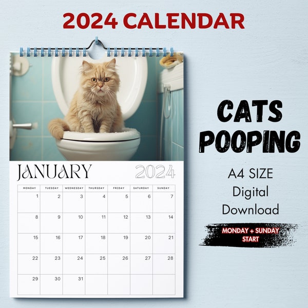Calendrier 2024 drôle de chats qui font caca Cadeau drôle pour les amoureux des chats Calendrier humoristique pour chats pour les amoureux des chats