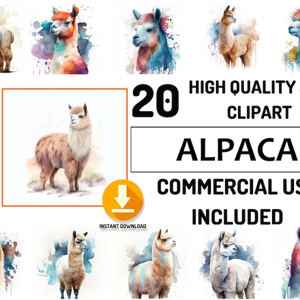 Ferme animaux Clipart 20 alpaga Animal Bundle, utilisation commerciale complète, mignon ferme Clipart, aquarelle, décor de pépinière, Baby Shower, ferme anniversaire