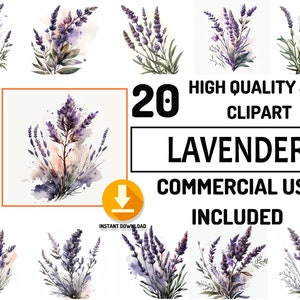 20 Lavender Flowers Clipart JPG Bundle, Full Commercial Use, Watercolor Provence floral wedding, Flower clipart, Floral clipart