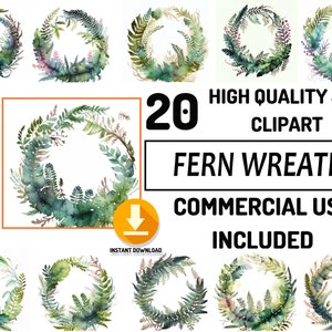 20 Fern Wreaths Clipart JPG Bundle, Utilisation commerciale complète, Graphiques de douche de bébé mignons, Aquarelle, Art mural de décor de pépinière, Design de sublimation