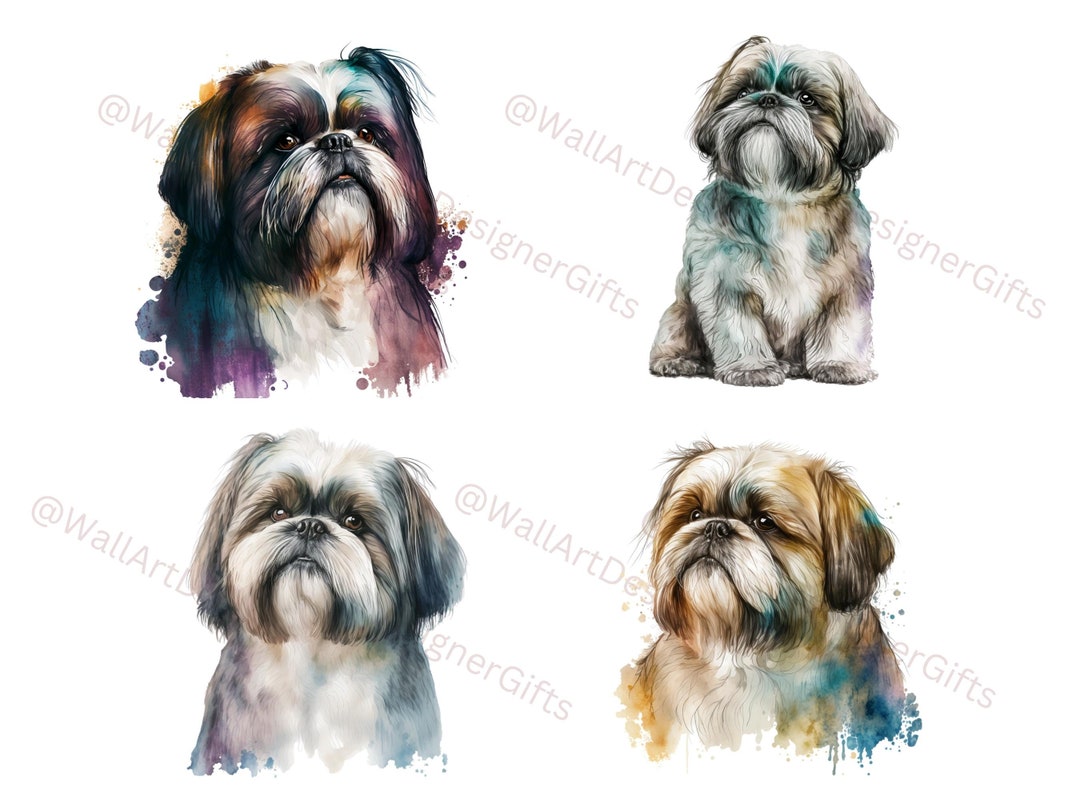 Shih Tzu Dog Watercolor Art Print Clipart, 4 Dogs Nursery Decor High ...