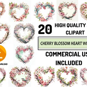 Cherry Blossom Heart Wreath Clipart 20 JPG de alta qualidade, uso comercial completo, digital, aquarela, confecção de cartões comemorativos, designs de sublimação