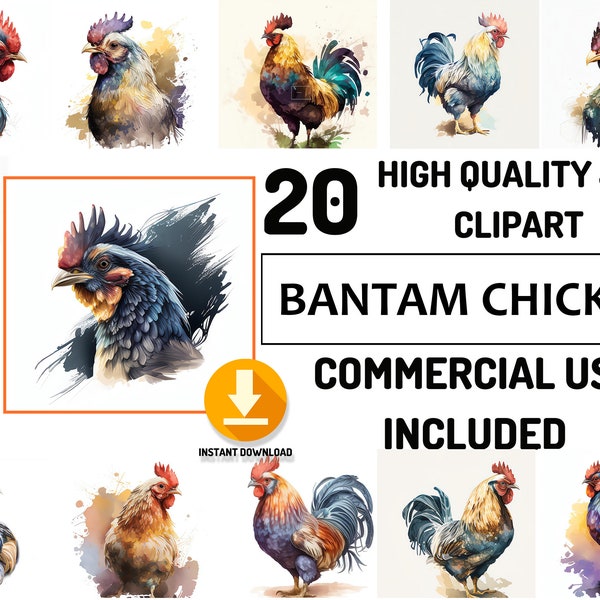 Farm Animals Clipart 20 Bantam Chicken Bundle, Full Commercial Use, Cute Farm Clipart, Watercolor, Nursery, Baby Shower, Farm Birthday