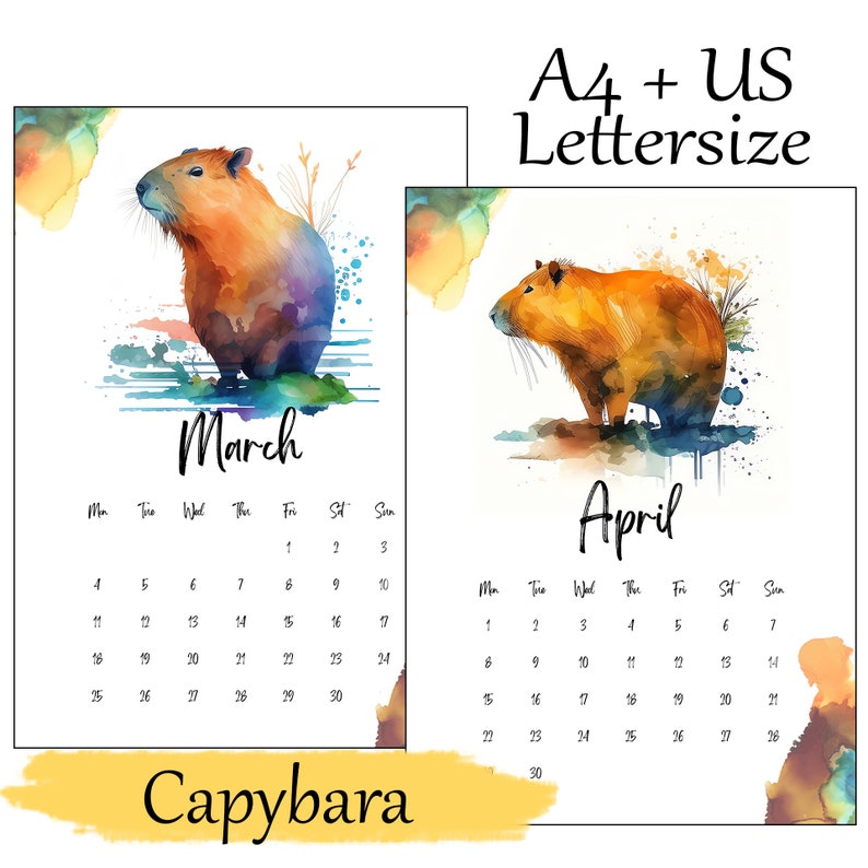 2025 Illustrated Watercolor Capybara Calendar Printable A4 & Etsy