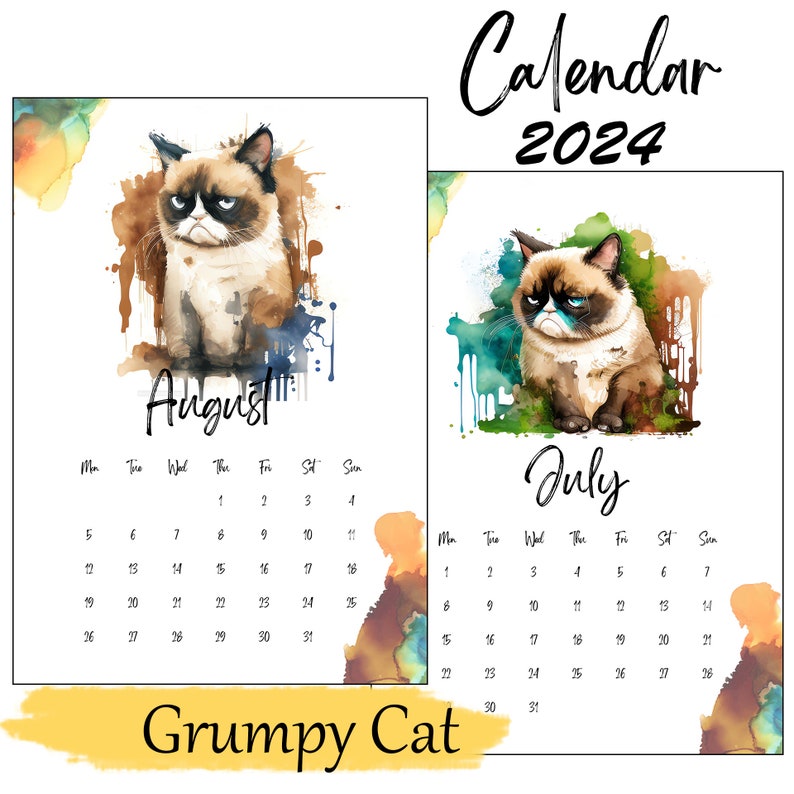 2024 Illustrated Watercolor Grumpy Cat Calendar Printable A4 Etsy