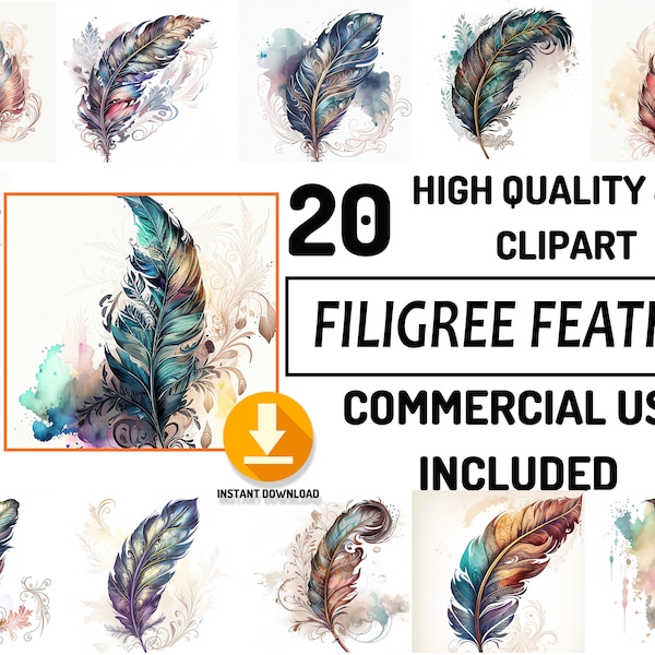 20 Filigree Feather Clipart JPG Bundle, Full Commercial Use, Cute Baby Shower Graphics, Watercolor, Nursery Decor Art, Sublimation Design