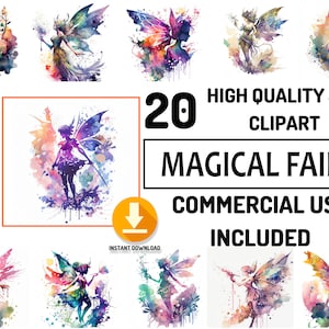 20 Magical Fairy Clipart JPG Bundle, Uso comercial completo, Paquete caprichoso, Hada mágica, Magical, Alas, Cuento de hadas, Descarga digital