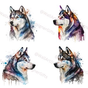 Siberian Husky Dog Aquarelle Art Print Clipart, 4 Dogs Nursery Decor PNG de haute qualité, Téléchargement numérique imprimable, Cartes de chien personnalisées