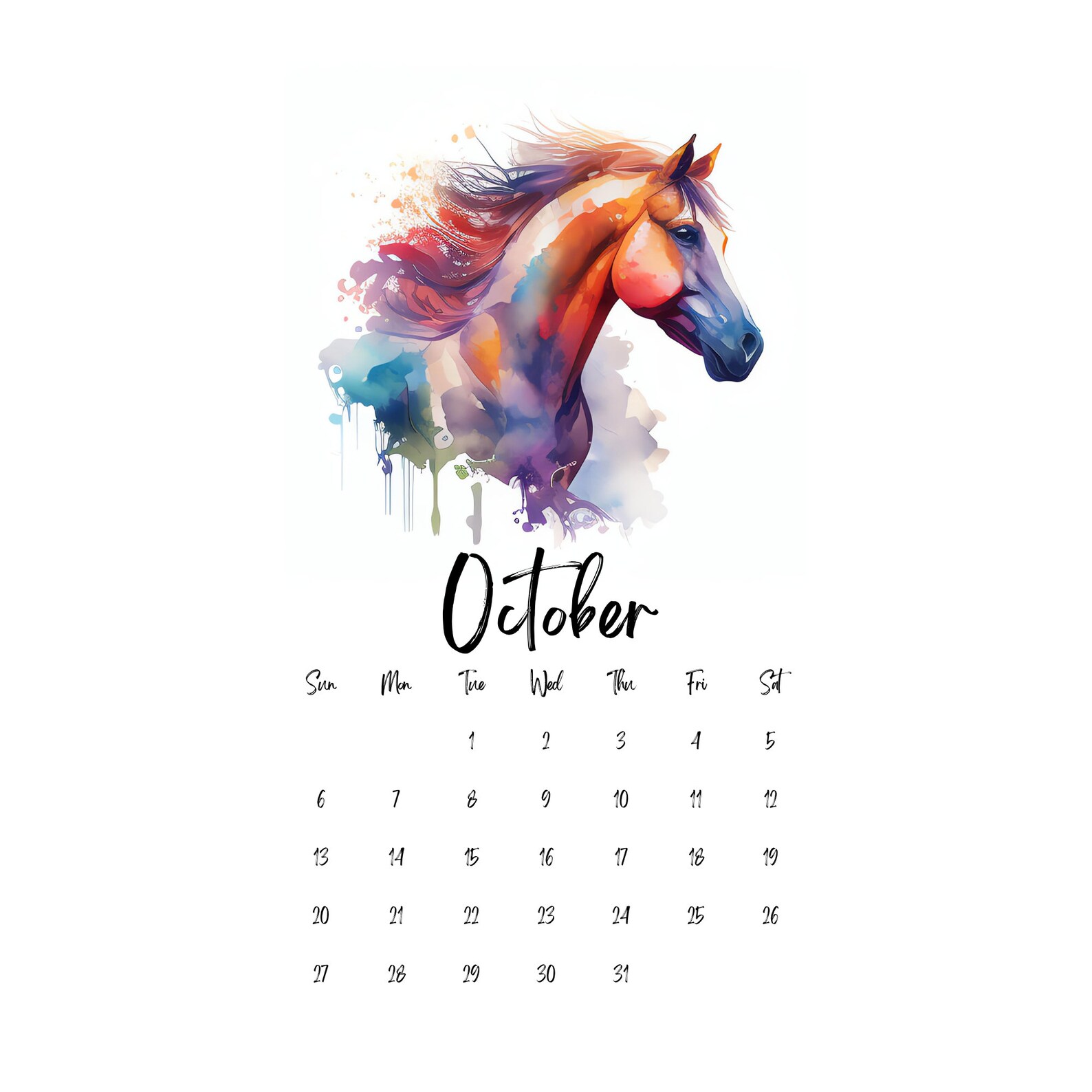 2024-illustrated-watercolor-horse-calendar-printable-a4-letter-size