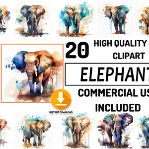 20 Elephant Clipart JPG Bundle, Full Commercial Use, Cute Baby Shower Graphics, Watercolor, Nursery Decor Wall Art, Sublimation Design