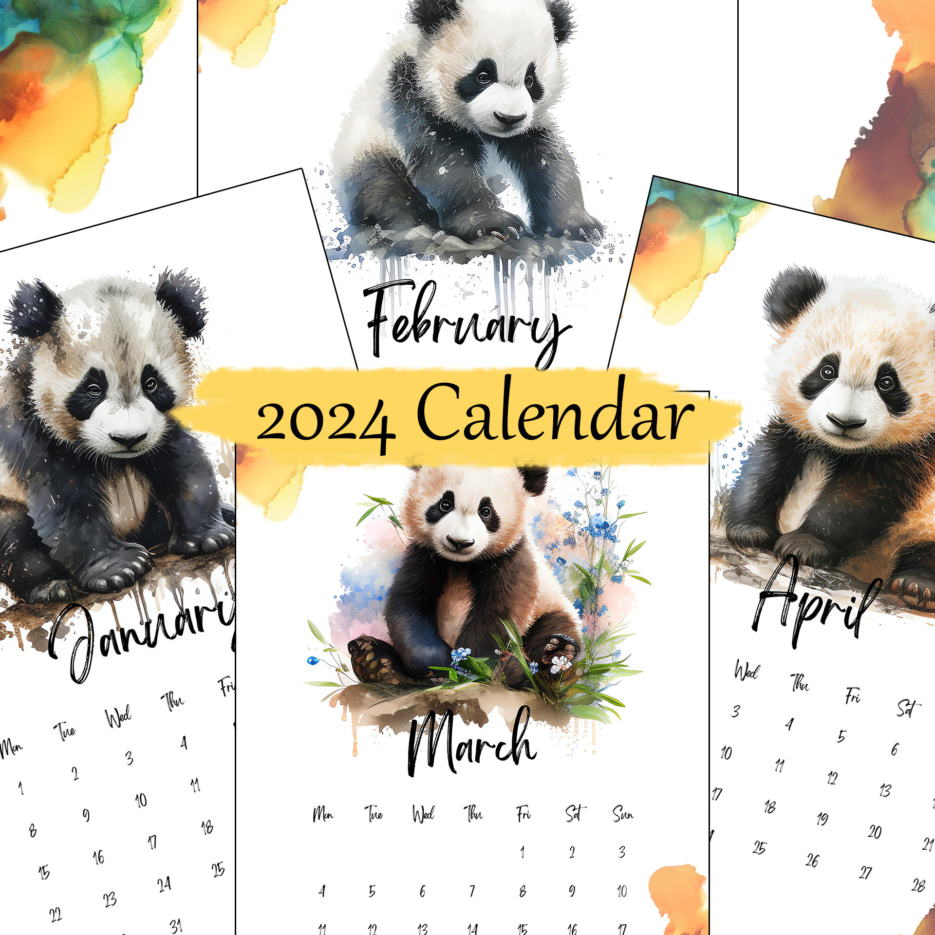 2024 Illustrated Watercolor Baby Panda Calendar Printable A4 - Etsy