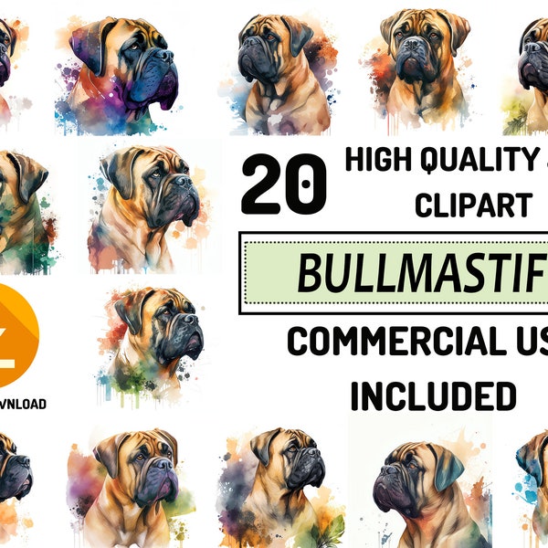 Bullmastiff Clipart 20 High Quality JPG, Full Commercial Use, Digital Paper Craft, Watercolor, Greeting Card Making, Sublimation Designs