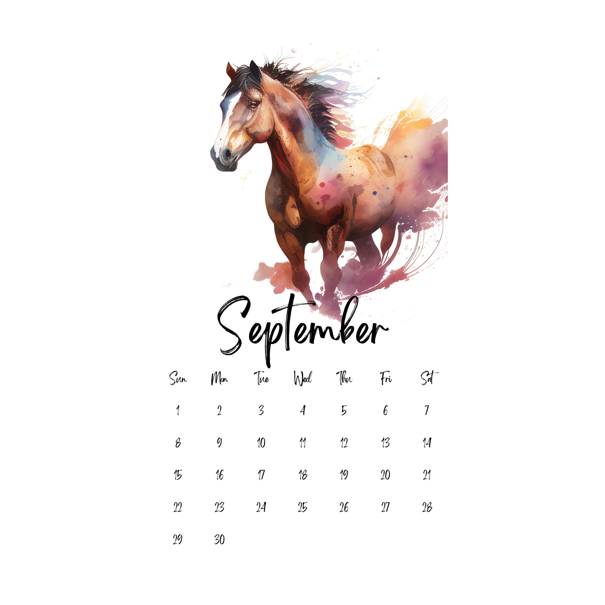 2024 Illustrated Watercolor Horse Calendar | Printable A4 & Letter Size ...