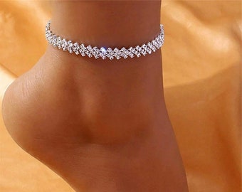 Luxury Multi-Row Rhinestones Ankle Bracelet | Shiny Crystal Anklet for Women | Wedding Jewelry