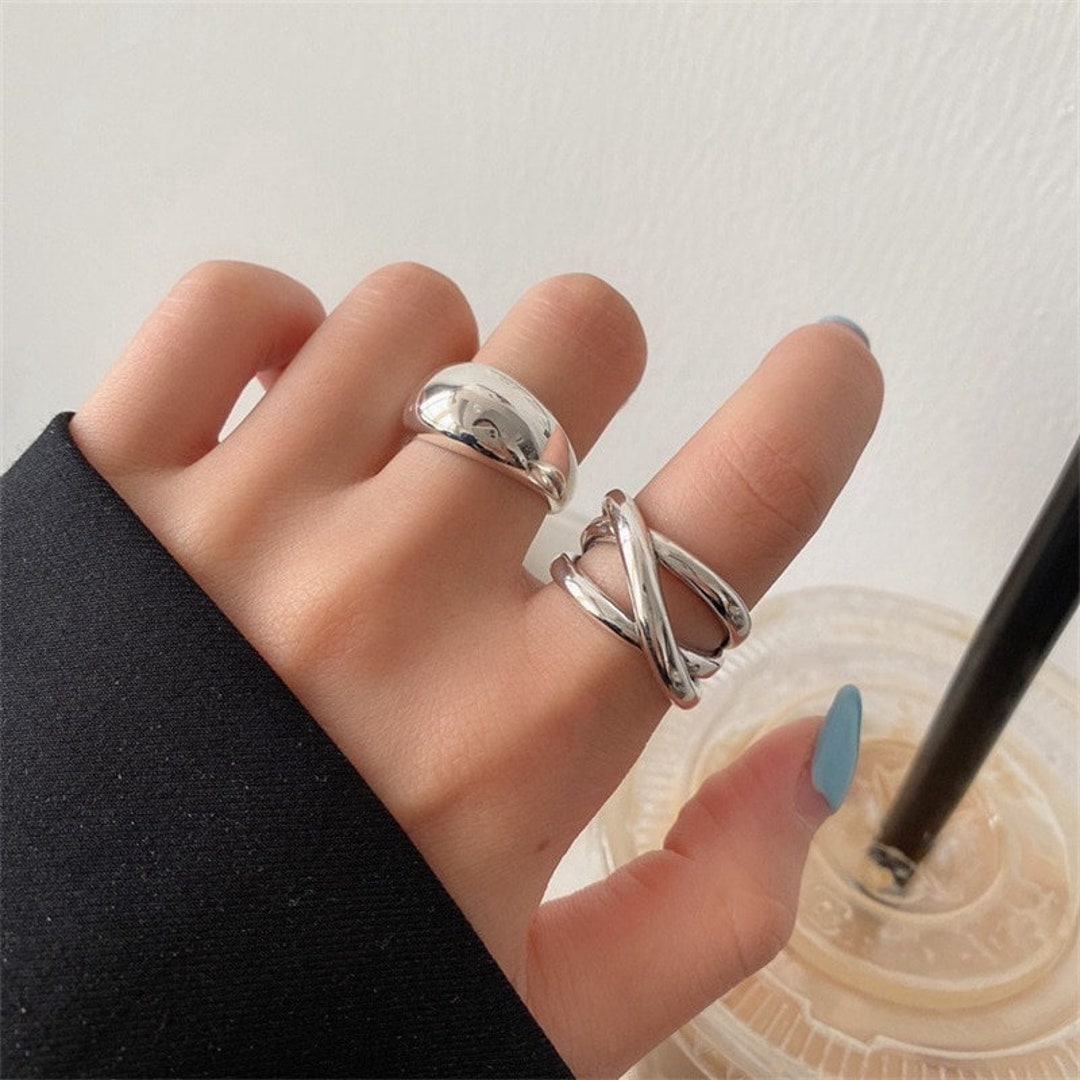 Silver Chunky Rings Set Adjustable Everyday Sterling Silver 925 Rings 2pcs Cute Funky Boho