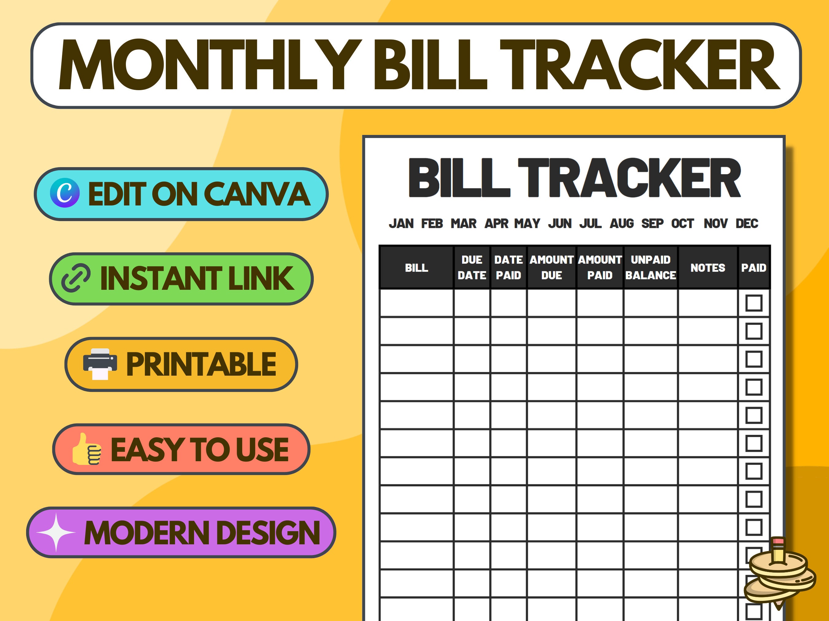 Monthly Bill Tracker Editable Template Bill Planner 1 Page - Etsy Australia