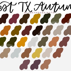 May include: A color palette featuring 36 shades of brown, green, yellow, and gray. The palette is titled "West TX Autumn" with the Instagram handle "@lighthousein5th" below the title.