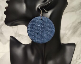 Blue Jean Denim | 2 Inch Round Wood Earrings | Lightweight Statement Jewelry
