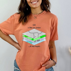 May include: A coral coloured t-shirt with a graphic of a layered map and the text "GIS is like an onion... it has layers".