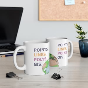 May include: Two white ceramic mugs with the words "POINTS. LINES. POLYS. GIS." in purple, orange, and pink. A partial illustration of a globe is on the side of each mug. The mugs are on a light wood surface.