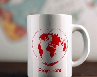 I heart Projections Ceramic Mug 11oz - cordiform projection mug, GIS coffee Mug, geography gift, geospatial gift, geographic coffee mug