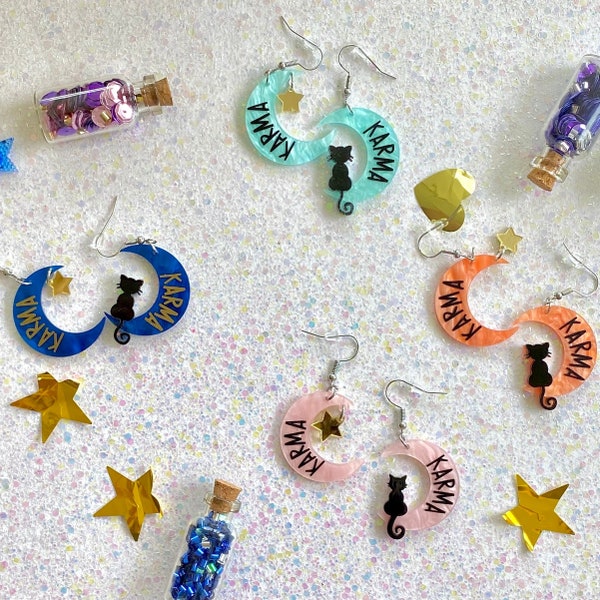 Earrings Midnights | Taylor Swift earrings | karma is a cat handmade lightweight cat and moon earrings | Midnights themed!