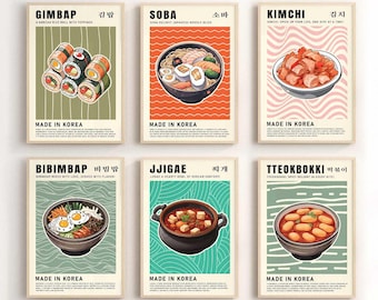 Póster de comida coreana, arte de pared de 6 piezas, arte de pared con recetas de comida, decoración de pared de cocina, impresión de comida retro, arte de lienzo coreano, impresión de ilustración de comida