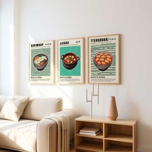 Juego de 3 carteles de comida coreana, impresión de comida colorida de Corea, arte de pared con recetas de comida, decoración de pared de cocina, arte de pared retro de chef, impresión de arte de comida en lienzo