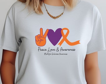 Camiseta del mes de concientización sobre la esclerosis múltiple, paz, amor y concientización, regalo para concientizar sobre la EM, guerrero de la EM, cinta naranja, enfermedad invisible, regalo para la EM