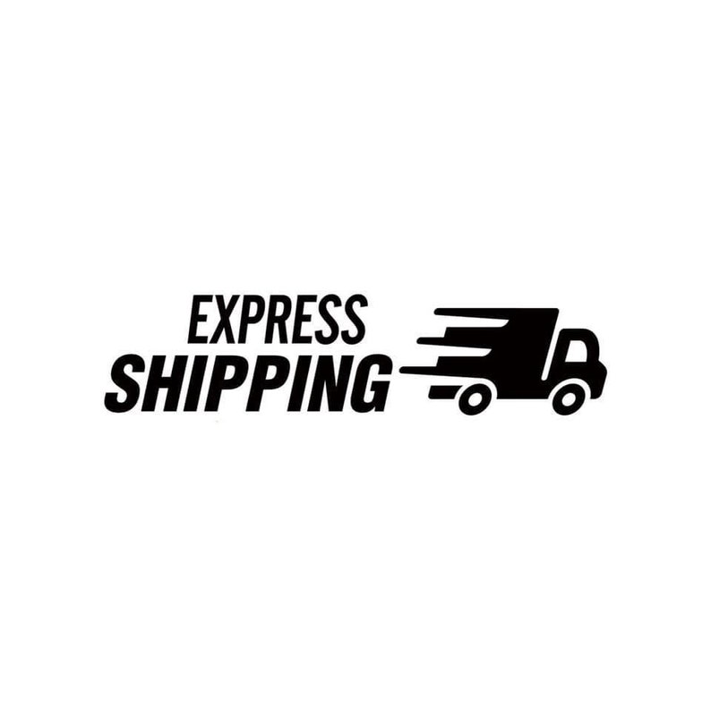May include: Black and white illustration of a delivery truck with the text "EXPRESS SHIPPING" above it.