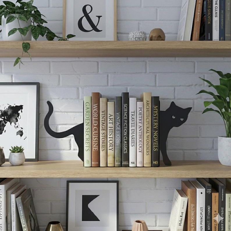 Cat Metal Bookends,Modern Bookshelf Decor,Book Holder,Book Support, Gift Bookend,Buchstützen,Cat Lover Gift,Book Lover Gift,Book Decor image 1