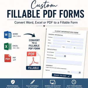 Könnte beinhalten: Eine digitale Servicegrafik mit dem Titel Custom FILLABLE PDF FORMS. Sie zeigt Symbole für Word-, Excel- und PDF-Dateien, die in ein ausfüllbares PDF-Dokument umgewandelt werden. Ein Beispiel für ein Kundeninformationsformular ist abgebildet.