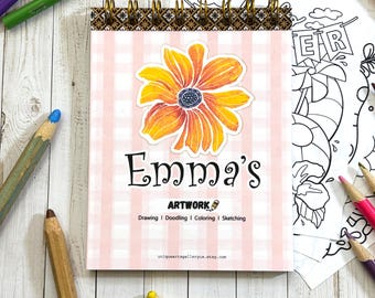 Carnet de croquis personnalisé pour enfants, fait main, couverture à motifs floraux, pages à colorier