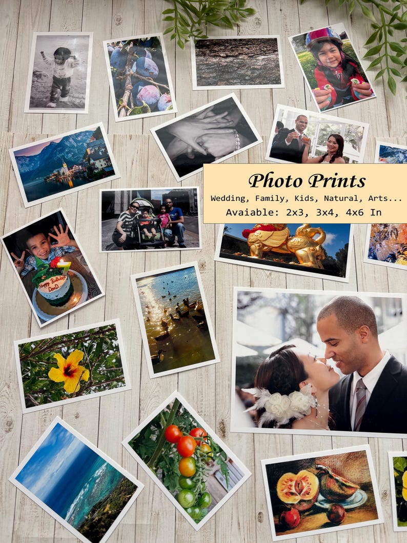 May include: A collection of rectangular photo prints featuring diverse subjects including landscapes, portraits, food, and nature. A central text box reads Photo Prints, Wedding, Family, Kids, Natural, Arts... Available: 2x3, 3x4, 4x6 In.