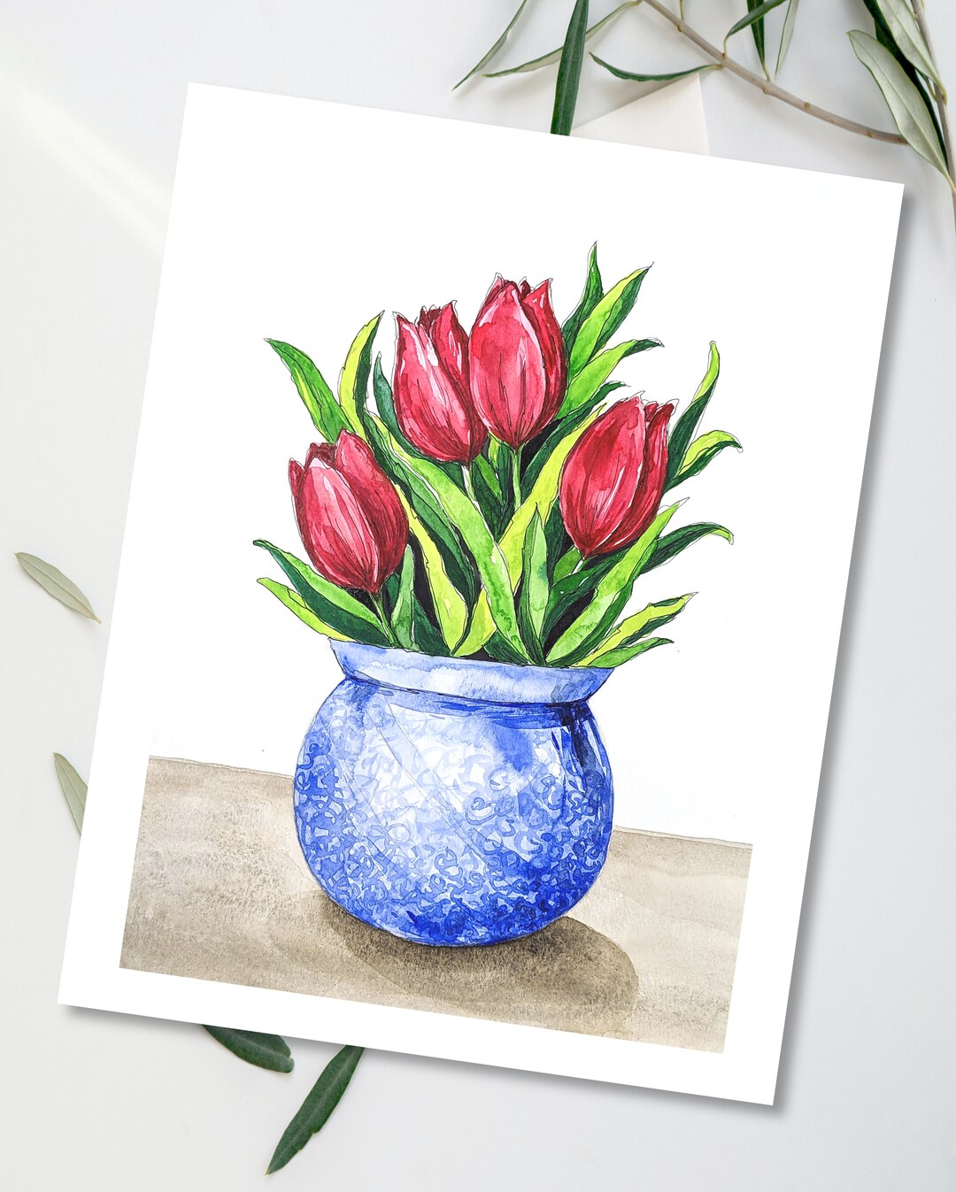 Red Tulips Chinoiserie Vases Watercolor Art, Spring Tulips Wall Art ...