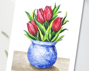 Red Tulips Chinoiserie Vases Watercolor Art, Spring Tulips Wall Art, Botanical Floral Home Decor, Blue and White China Vase Floral Art
