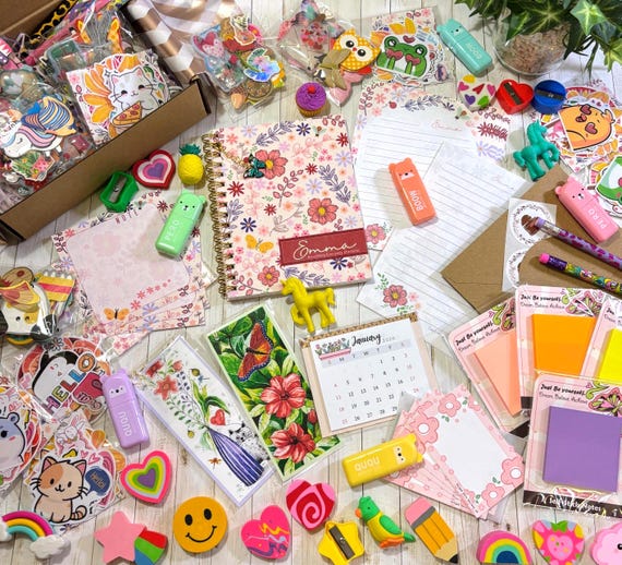 Personalized Stationery Gift Box: Floral Notebook, Writing Papers, Stickers, Bookmarks, Mini Calendar