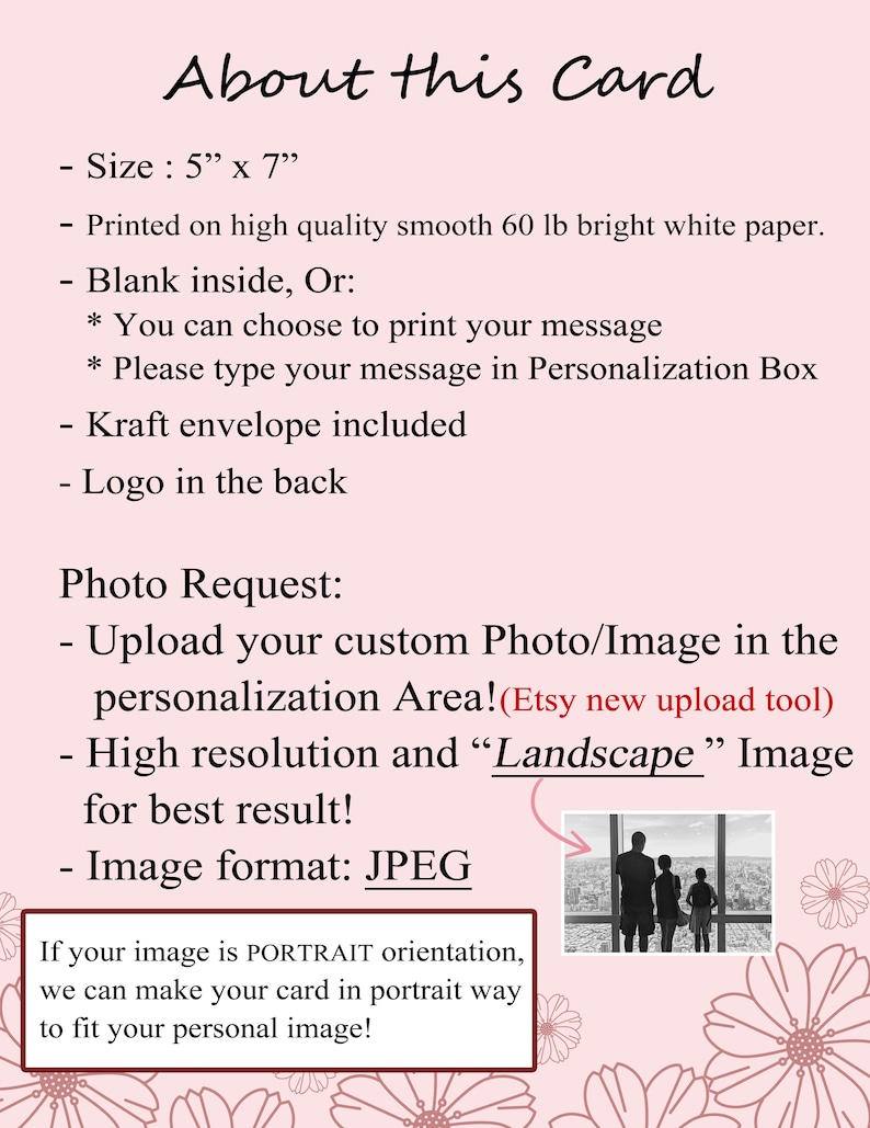 May include: A light pink informational card with black text titled About this Card. It lists specifications including a 5 inch by 7 inch size, 60 lb bright white paper, a blank interior, and a kraft envelope. It includes instructions for custom photo uploads.