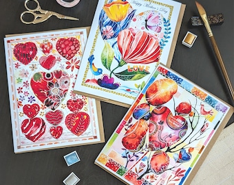 Watercolor Mother&#39;s Day Card Set: Abstract Floral Heart Cards