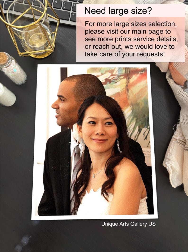 May include: A rectangular photograph featuring a couple in formal attire, with a person in a black suit and a person in a white dress. The image includes text: Need large size? For more large sizes selection, please visit our main page.