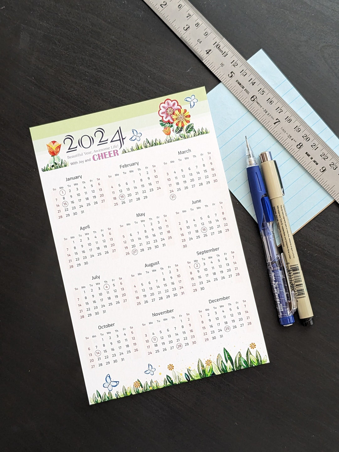 2024 Yearly Desk Calendar With US Holidays in the Back Side Etsy