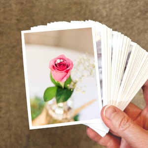 May include: A stack of rectangular photographic prints featuring a single pink rosebud with a silver ring resting inside the petals. The rose has green leaves and is accompanied by small white flowers in a clear glass vase, captured in a bright setting.