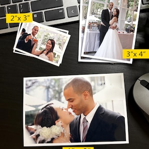 May include: Three rectangular photo prints featuring wedding imagery in sizes 2"x 3", 3"x 4", and 4"x 6". The prints display a couple in formal attire, with the text "we ensure high-quality photo prints with every order" visible on the display.