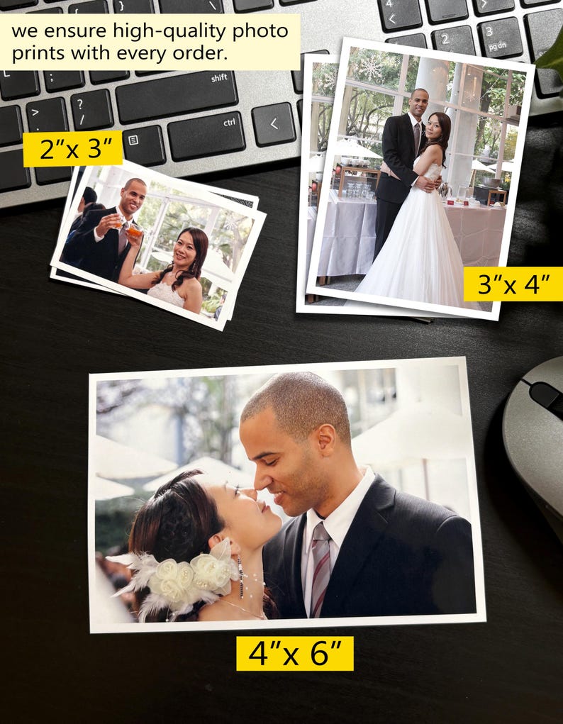 May include: Three rectangular photo prints featuring wedding imagery in sizes 2"x 3", 3"x 4", and 4"x 6". The prints display a couple in formal attire, with the text "we ensure high-quality photo prints with every order" visible on the display.